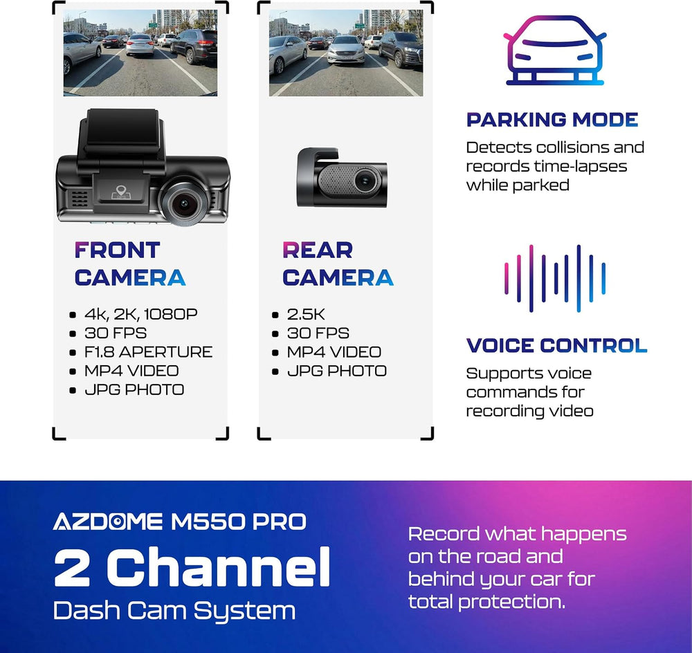 AZDOME M550 Pro 2CH Dash Cam 4K with 3.19'' Screen IR Night Vision 24...