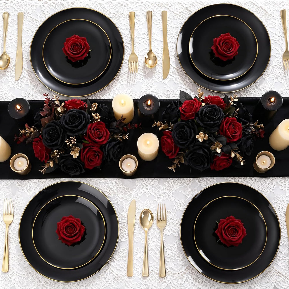 YOUBET 125PCS Black Plastic Plates with Gold Rim for Halloween