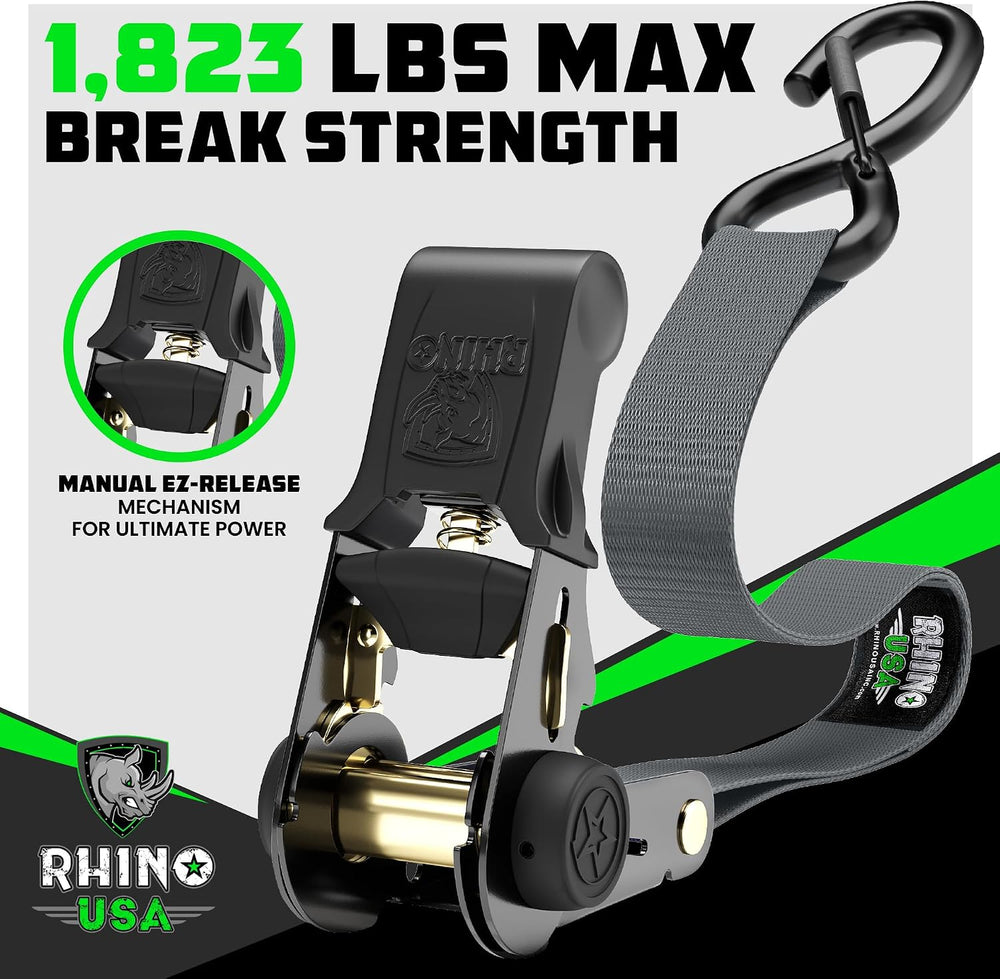 Rhino USA Ratchet Straps Tie Downs (4-Pack) - 1in x 15ft with S Hooks