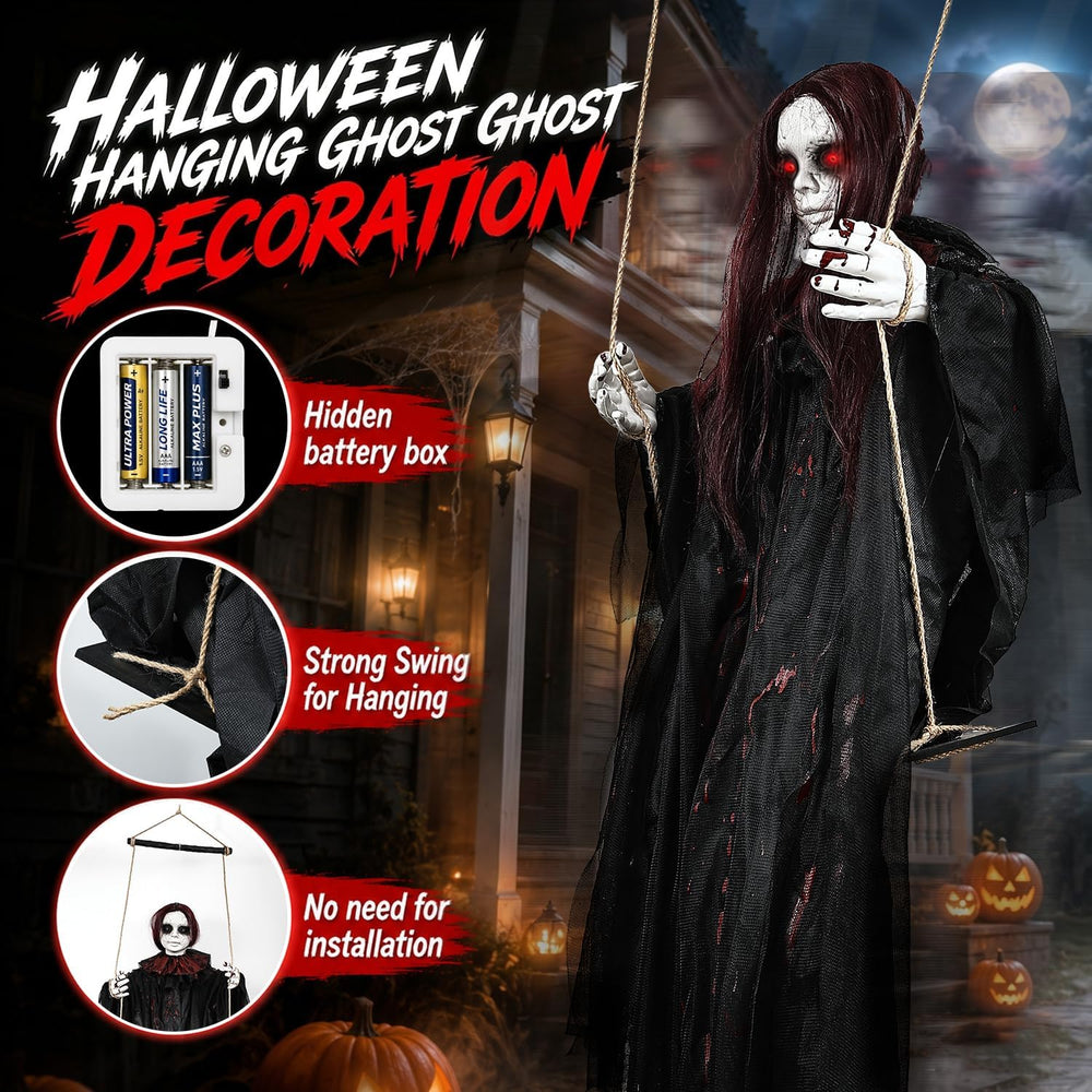 59" Scary Hanging Ghost Girl Halloween Decoration โ Sound & Touch Ac...