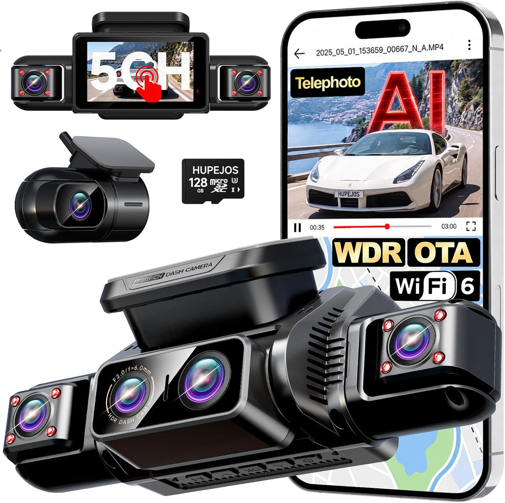 AI 5 Channel Telephoto Dash Cam Front and Rear, 4K 360° Camera Car