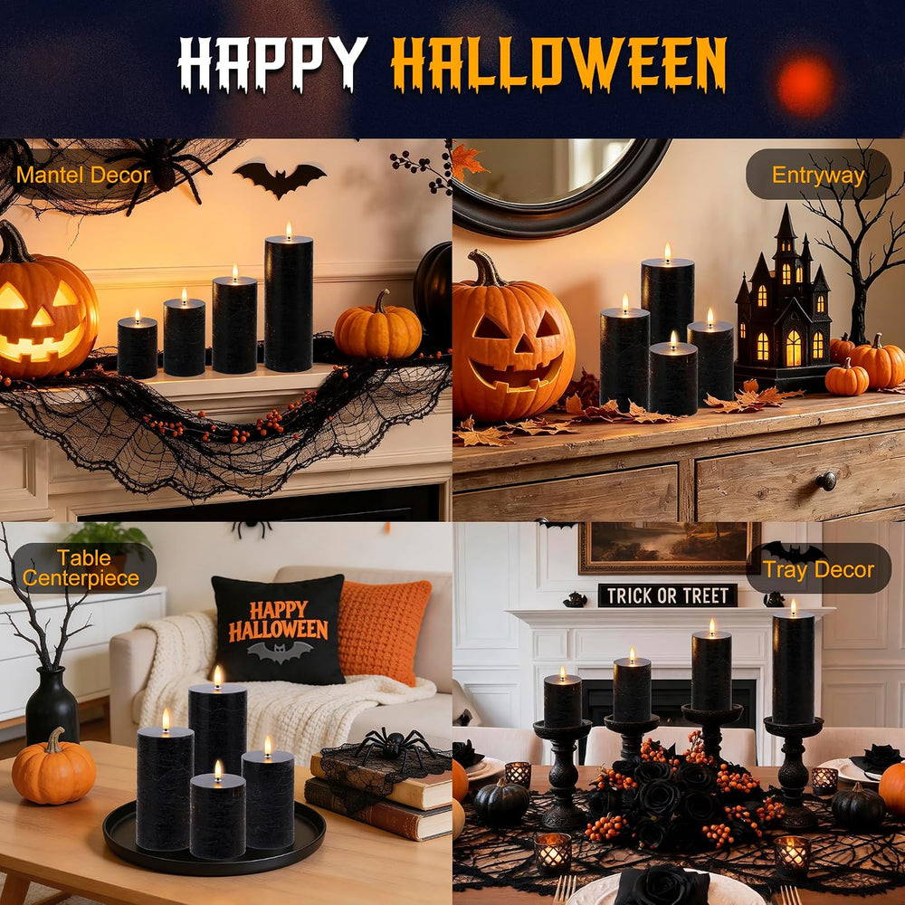 Black Flickering Flameless Candles, Real Wax Halloween Pillar Candles