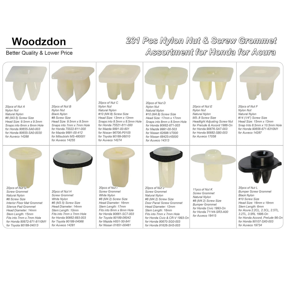 Woodzdon 231pcs Headlight Adjusting Screw Nylon Nut Bumper Grommet #6,#8,#10,...