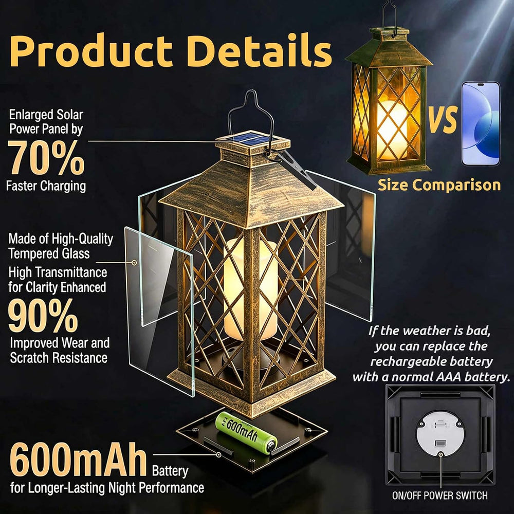 2 Pack 11" Medium Tempered Glass Solar Lanterns Outdoor Waterproof