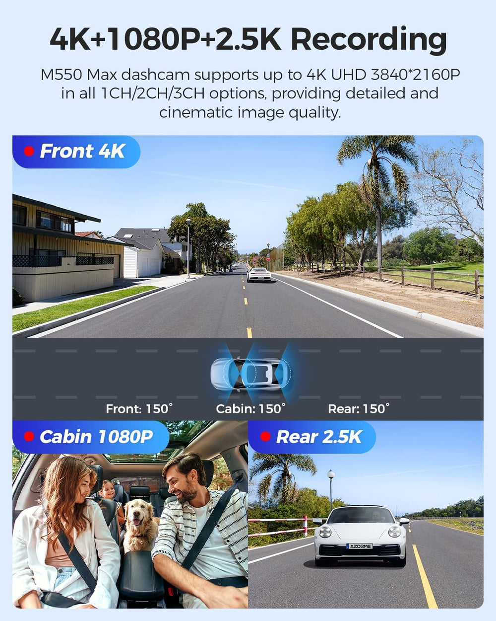AZDOME M550 Max 4K 3 Channel Dash Cam Front and Rear Inside, Dual STARVIS 2
