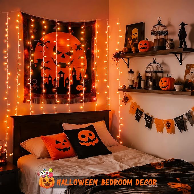 JMEXSUSS 300LED Orange Halloween Lights with Remote, 9.8x9.8ft Halloween Curt...