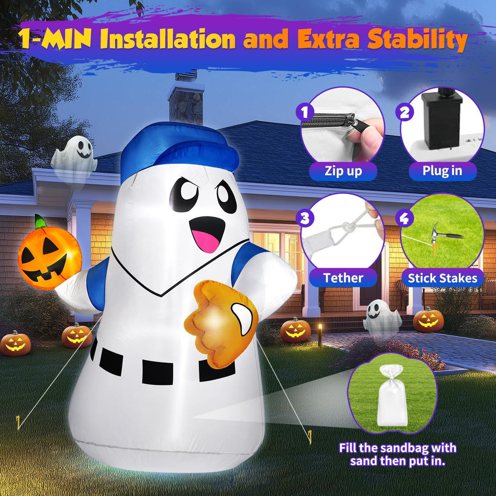 5FT Halloween Inflatables Ghost Pitcher with Pumpkin Baseball, Halloween Deco...