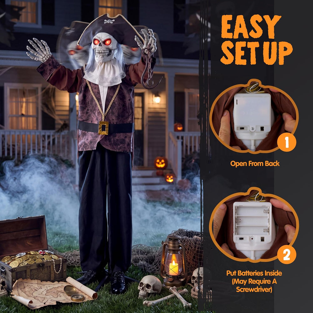 JOYIN Halloween Animatronic Pirate Skeleton Decorations, Sound Activated Life...
