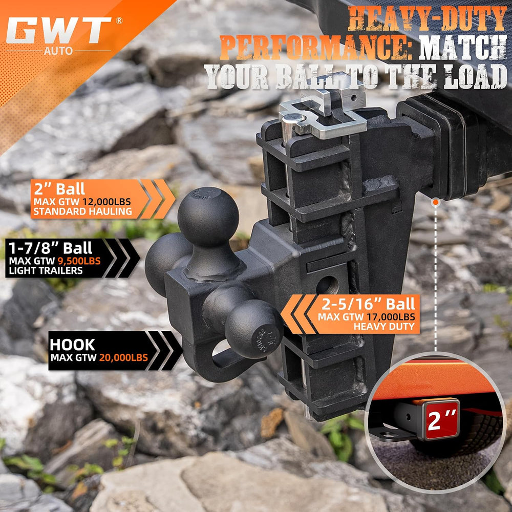 Adjustable Trailer Hitch with Hook, Tri-Ball (1-7/8" x 2" x 2-5/16&...