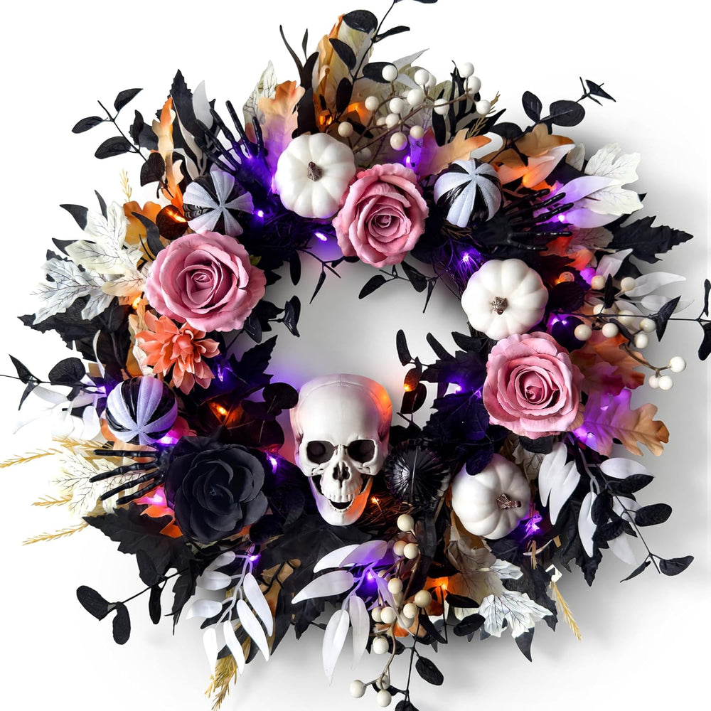 24'' Halloween Wreath for Front Door with Lights, Skeleton Skull