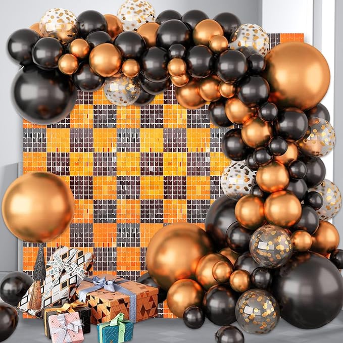 24PCS Black Orange Shimmer Wall Backdrop, Halloween Square Sequin Photo Backd...