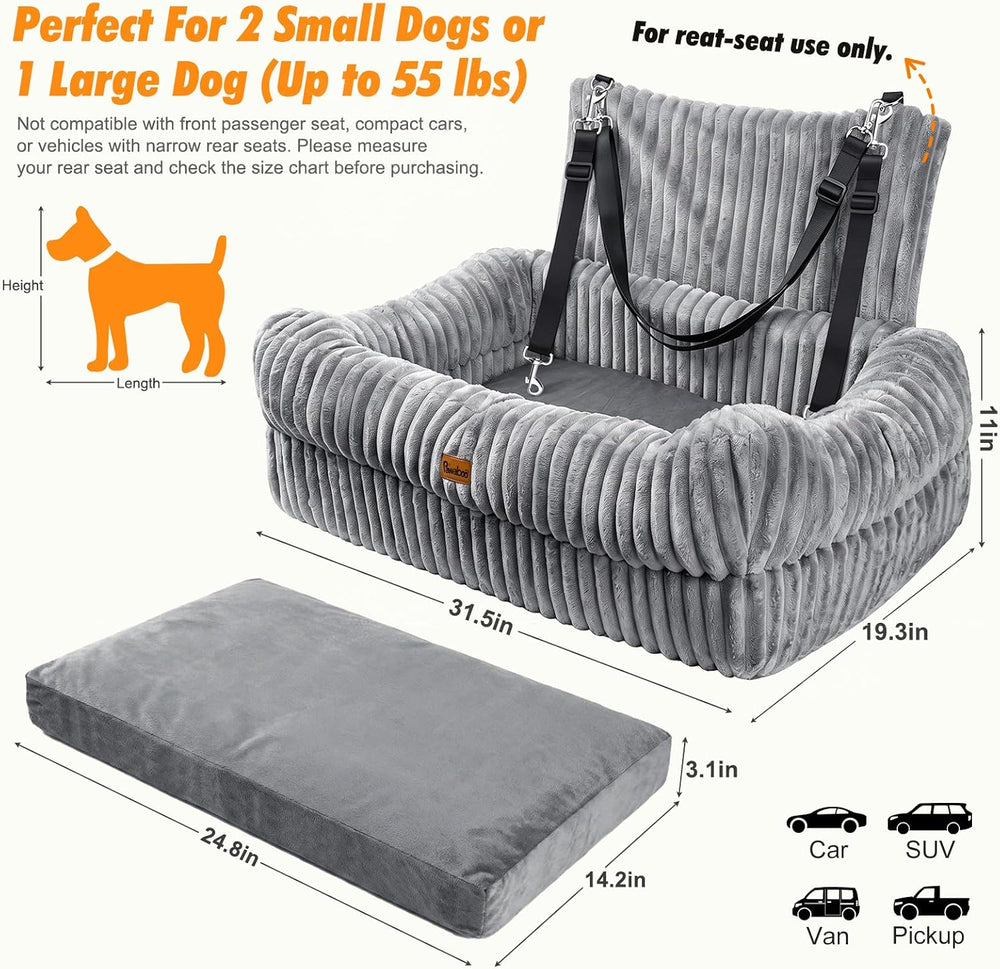 Pawaboo Dog Car Seat Bed, Memory Foam Booster for Medium/Large Dogs, Gray