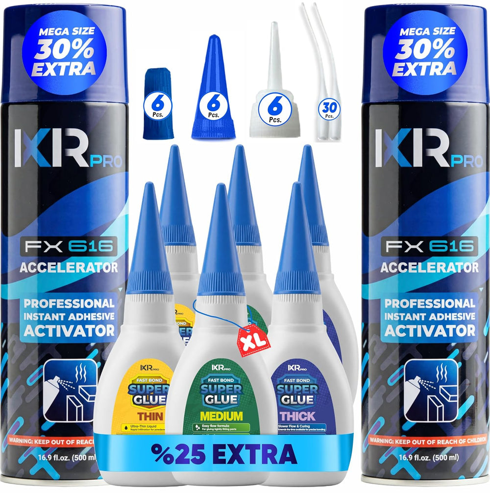 CA Glue with Activator, 6X Thin Medium Thick Glue Kit 2X 16.9oz Accelerator
