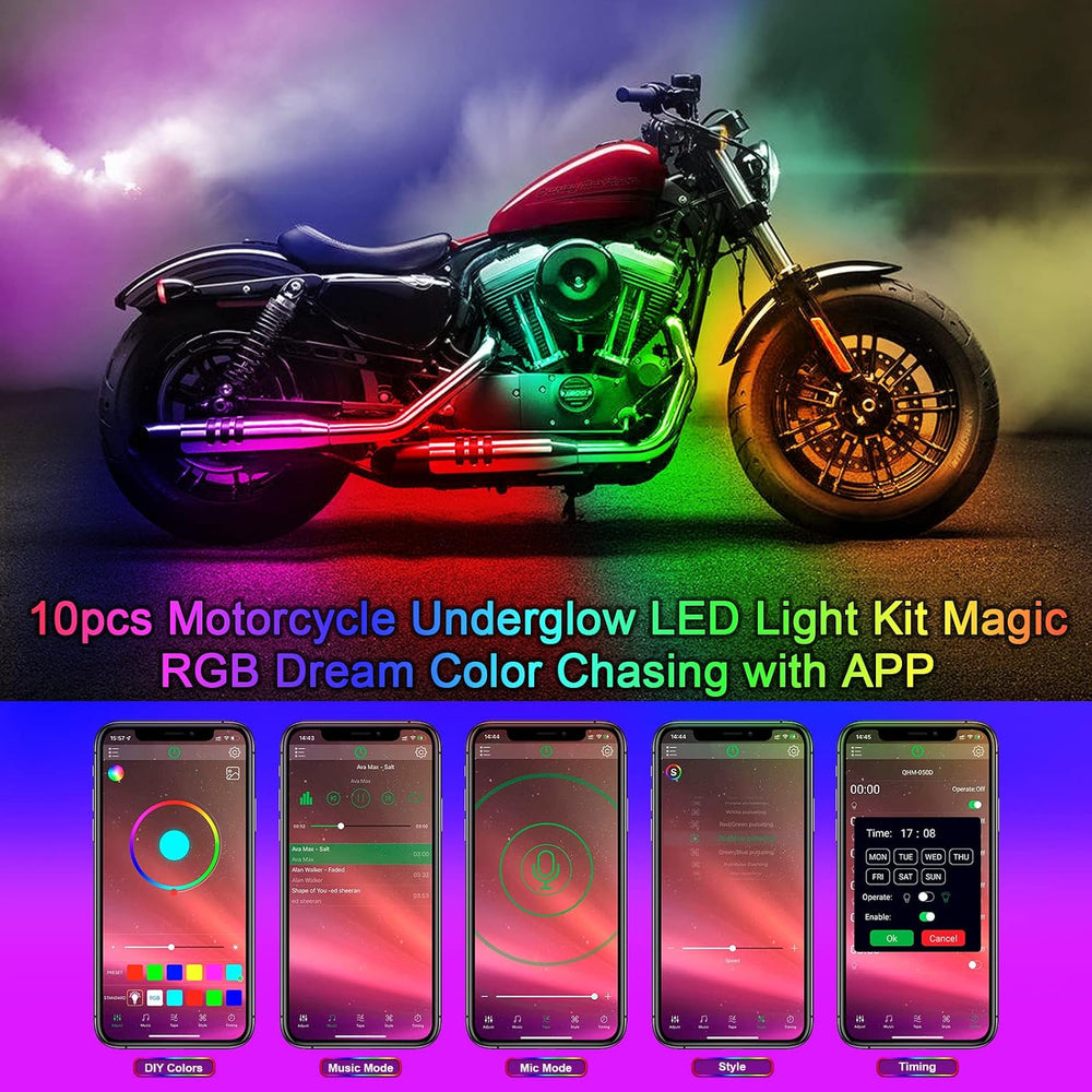 10Pcs Motorcycle LED Underglow Kit APP for Harley Honda Suzuki