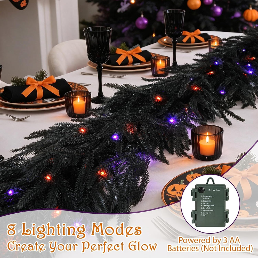 9FT Soft Touch Black Norfolk Pine Halloween Garland with Timer Lights