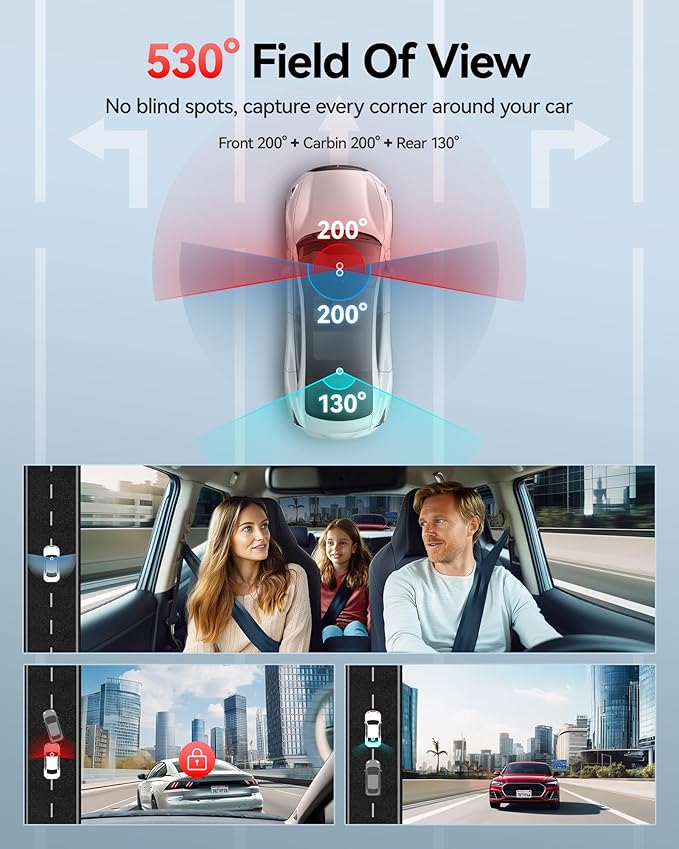 REDTIGER 530° Dash Cam 3 Channel, 2.5K+2.5K+1080P Triple Car Camera