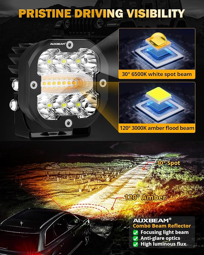 Auxbeam 3 Inch 96W Amber White LED Light Pods XP-Ultra Series 6 Modes Dual