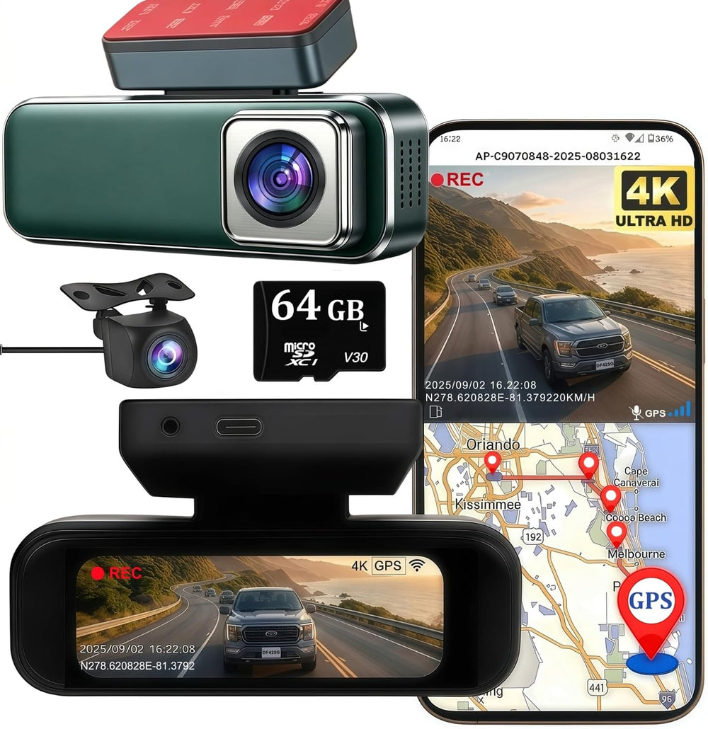 4K Dashcam Front and Rear Camera, Smart Car Camera with WiFi GPS