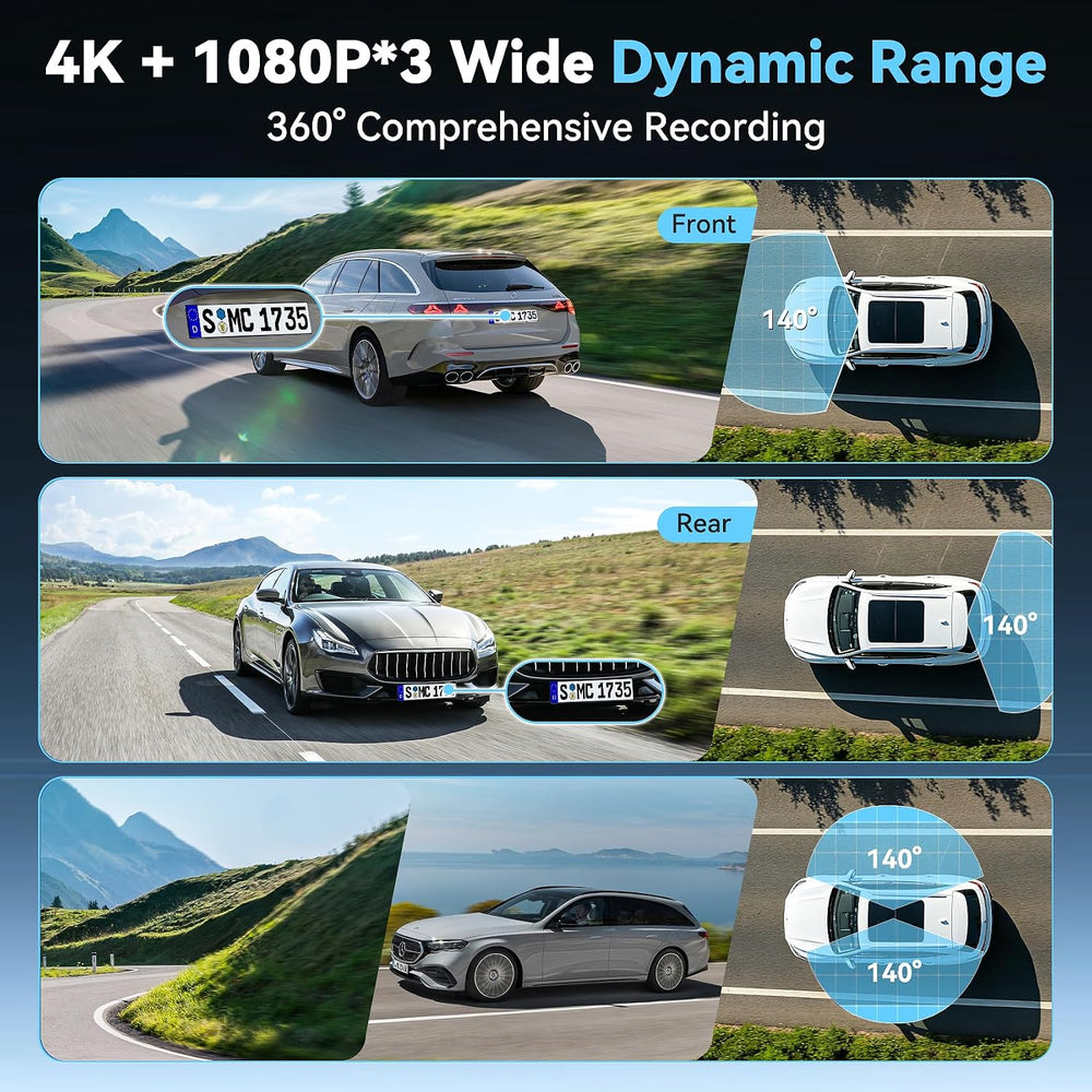 5'' Extra Large 4K Dash Cam Front Rear Left Right, 360ยฐ 4 Channel Das...