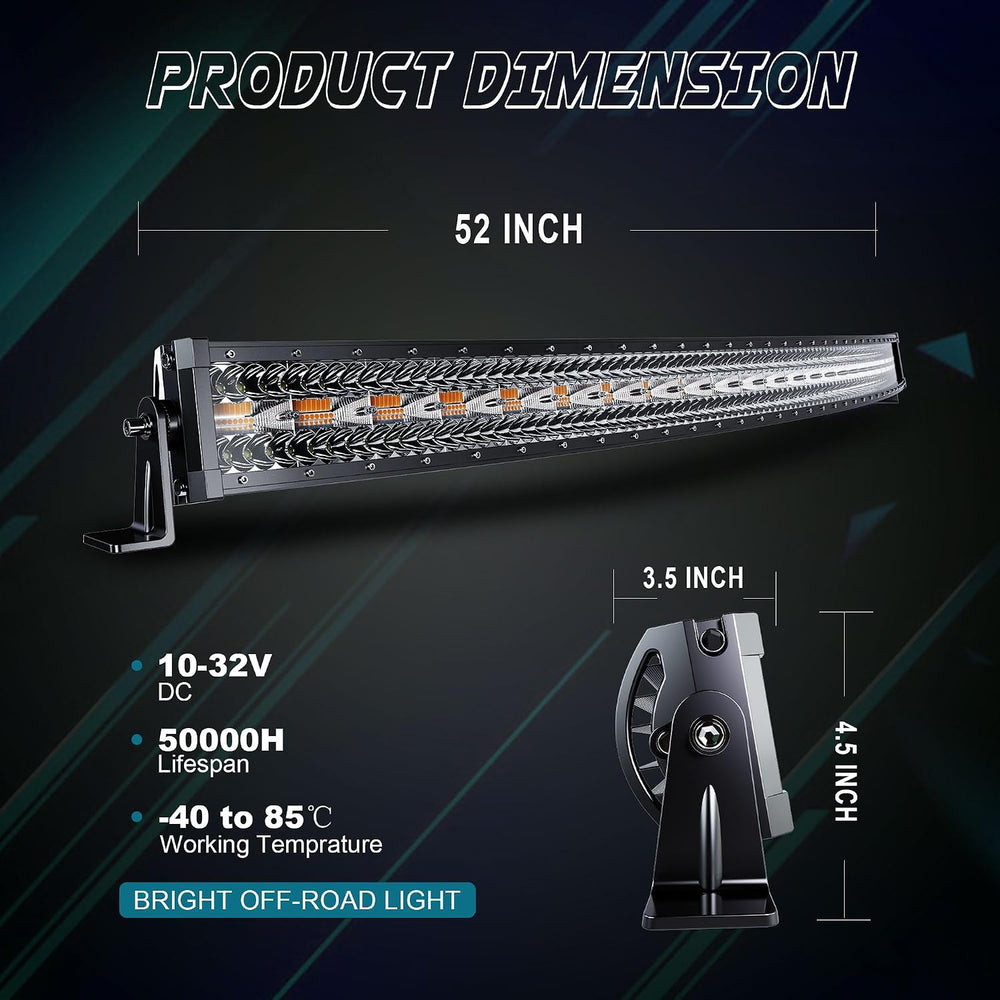 52Inch 300W Curved LED Light Bar White/Amber Flasing Six Strobe Modes