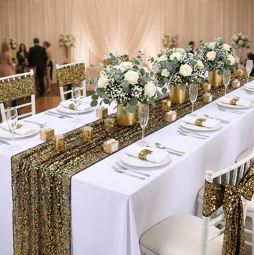 Black Gold Sequin Table Runner Rectangular Glitter Halloween Party Reusable