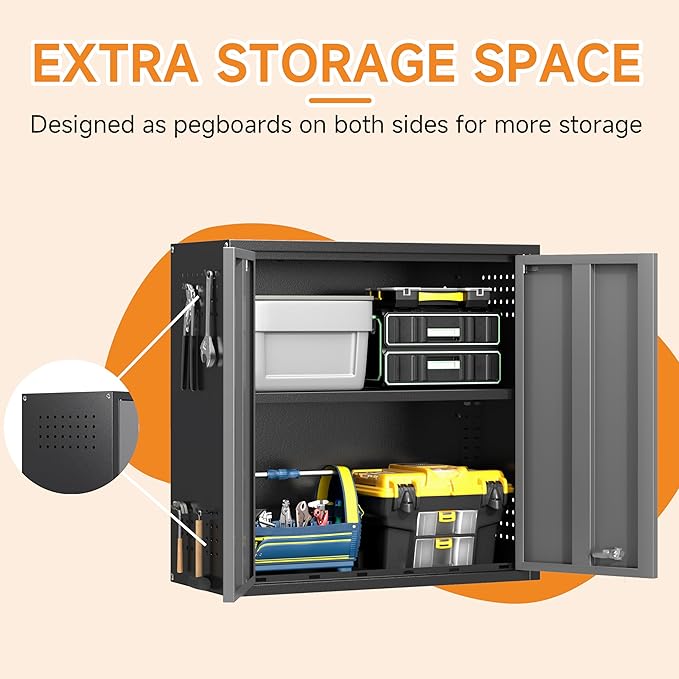 Metal Garage Wall Cabinet with 2 Doors and 1 Adjustable Shelf, Lockable