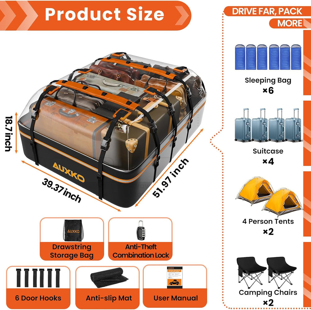 AUXKO 22 Cubic Ft Waterproof Rooftop Cargo Carrier Bag for All Vehicles with/...