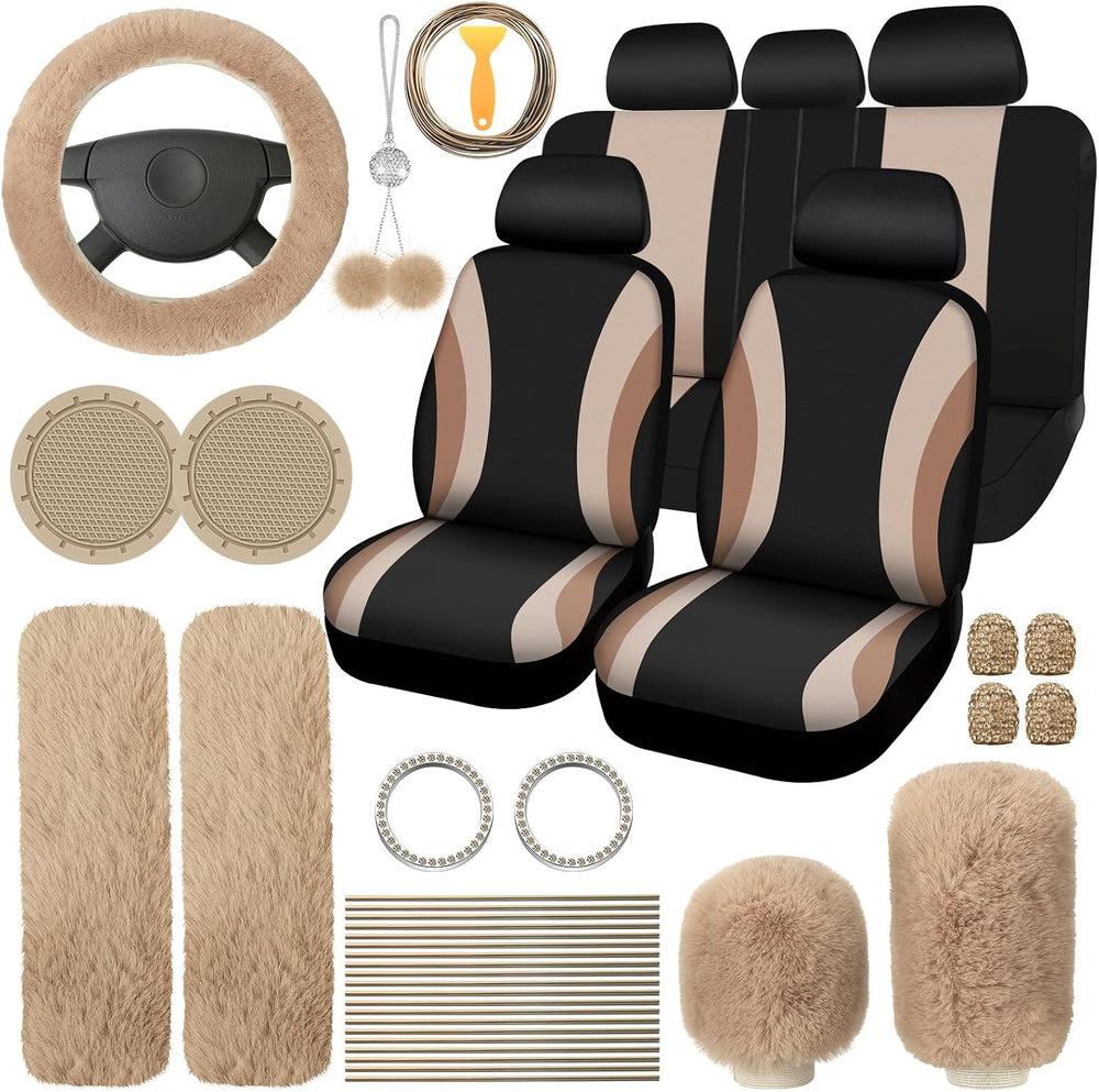 ROCEEI 43 Pcs Fuzzy Car Seat Cover Full Set Beige, Black