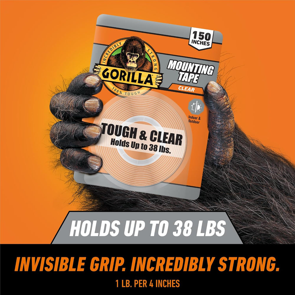 GORILLA Invisible Hold Mounting Tape, 1" x 150", Clear, 4-Pack