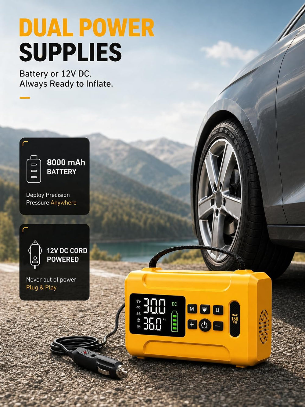 Tire Inflator Portable Air Compressor 160 PSI Air Pump for Cars 8000 mAh &...