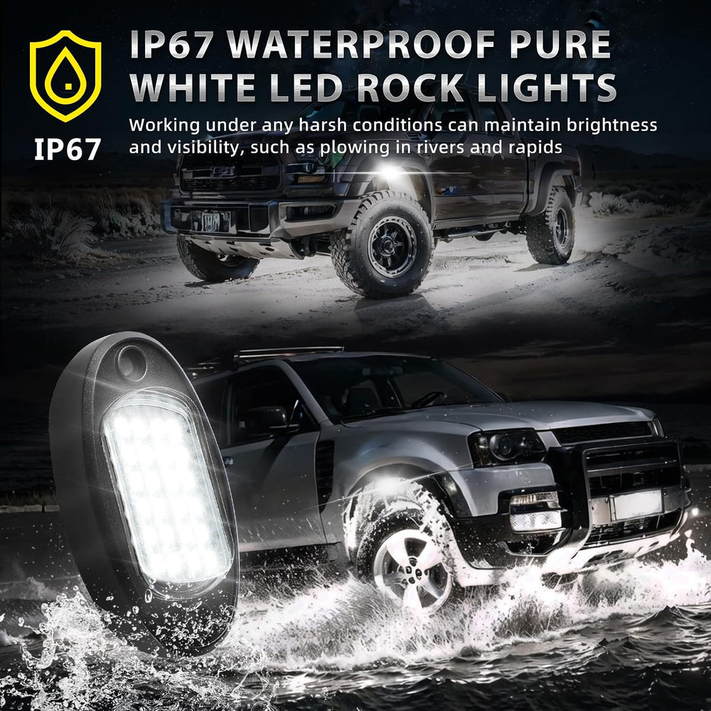 24 Pods Pure White LED Rock Lights Kit with Extension Wires, Plug and Play