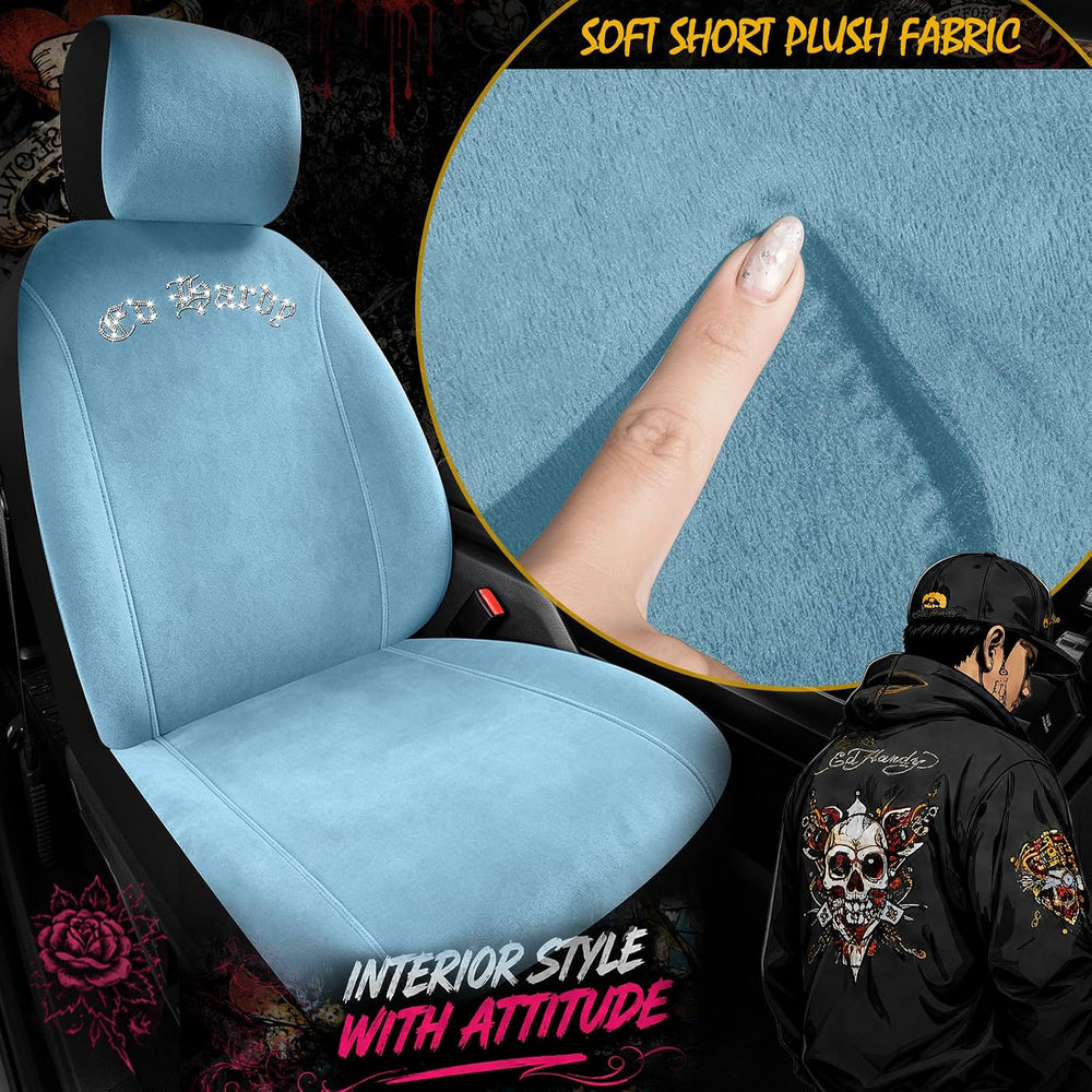ED HARDY Car Seat Covers, Light Blue Short Plush & Silver Diamond Graphic
