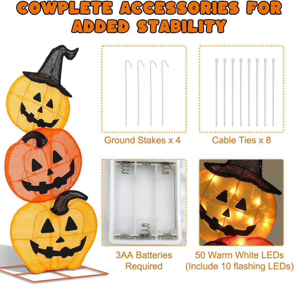 Halloween Lighted 3 Stacked Pumpkins, 39’’ H Pre-Lit Lighted Pumpkins with 50...