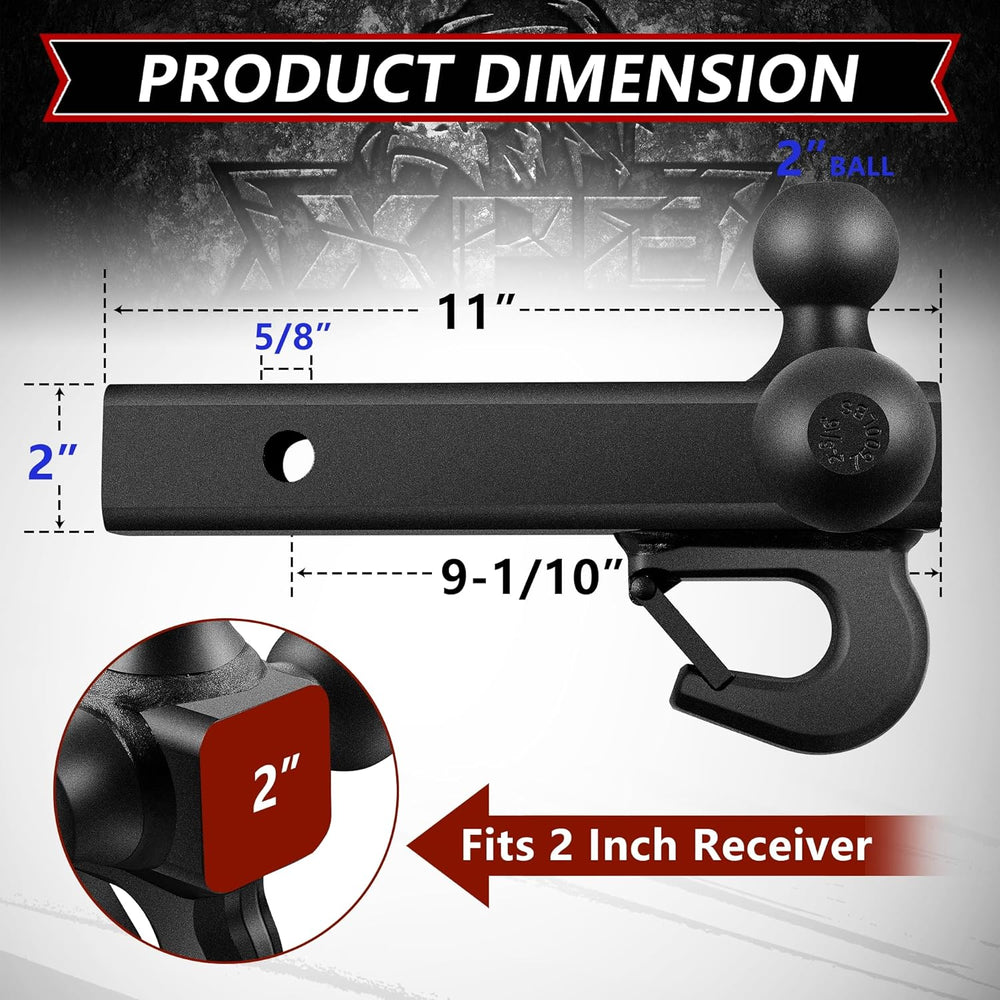 XPE Tri Ball Trailer Hitch Mount with Hook Fits 2 Inch Receiver Matte Black