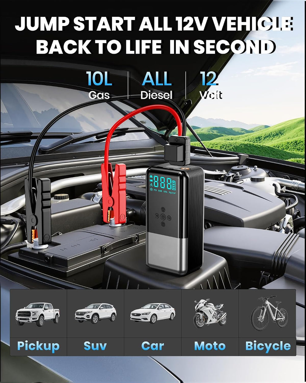 Jump Starter with Air Compressor 8000A 160PSI Battery Jumper Starter(10L Gas/...