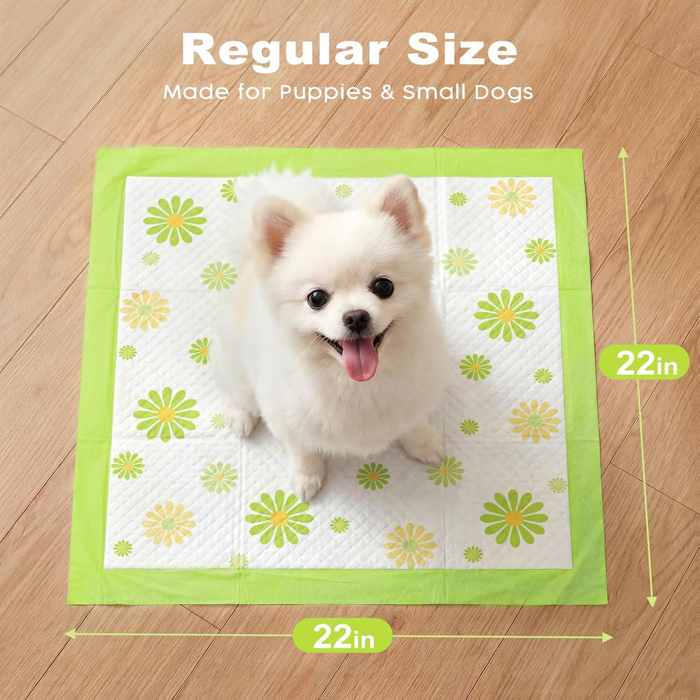 MIZOK Puppy Pads with Adhesive Tabs Green Daisy Prints Small 22x22in 100Ct
