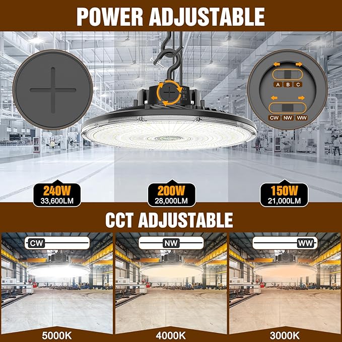 480V UFO LED High Bay Light 240W 200W 150W Adjustable, UL DLC Listed Dimmable