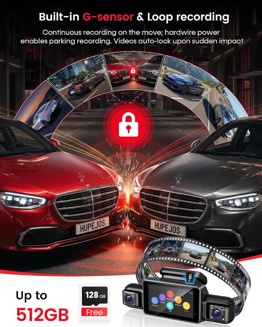 HUPEJOS AI 4K Dash Cam Front and Rear, 360ยฐ View 4 Channel Camera for Car