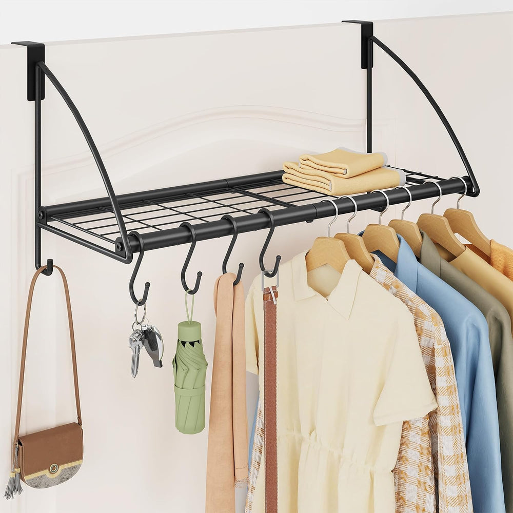 Tajsoon 24.2" Over the Door Hooks with Storage Rack, Over Door Hanger Black