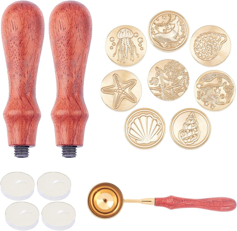 CRASPIRE Ocean Wax Seal Stamp Set 8pcs Vintage Removable Brass Stamp Heads wi...