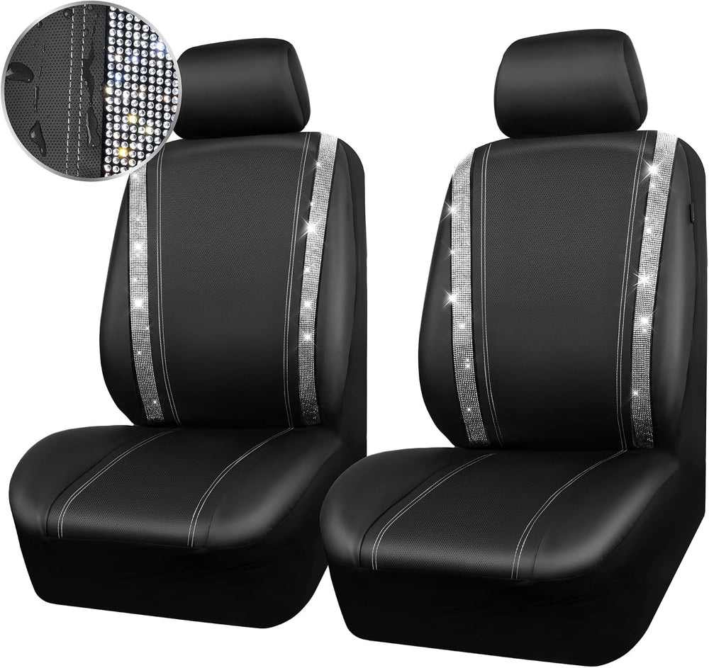 CAR PASS Leather Bling Diamond Car Seat Cover 2 Front Interior Sets, Waterpro...