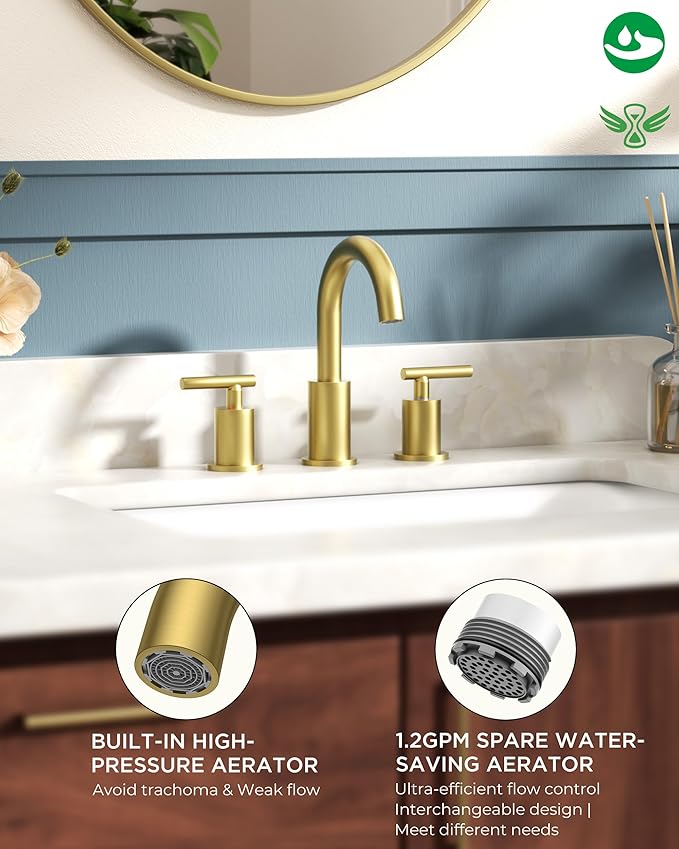 FORIOUS 8 Inch Widespread Brushed Gold Bathroom Faucet 3 Hole, 2 Handle Gold