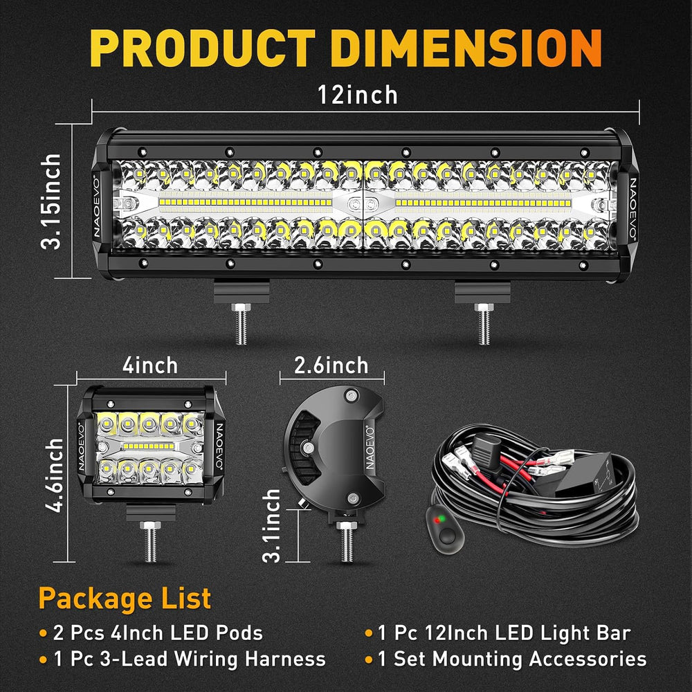 NAOEVO 12Inch LED Light Bar and 2PCS 4Inch Pod Lights with 3-Lead Harness