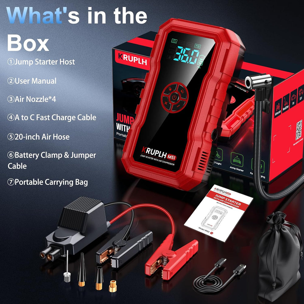 Portable Car Battery Jump Starter with Air Compressor - 9000A 150PSI