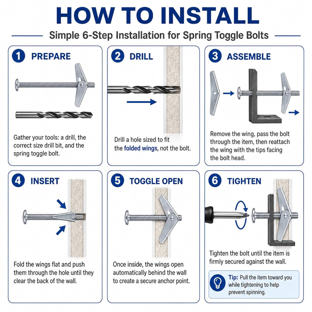 100-Pack 3/16" x 3" Toggle Bolts, Medium-Duty Spring Toggle Anchors...