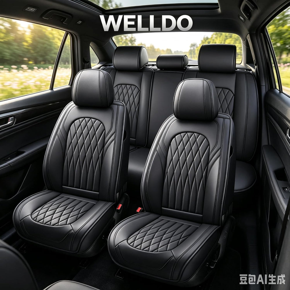 WELLDO Nappa Faux Leather Car Seat Cover Full Set, Black