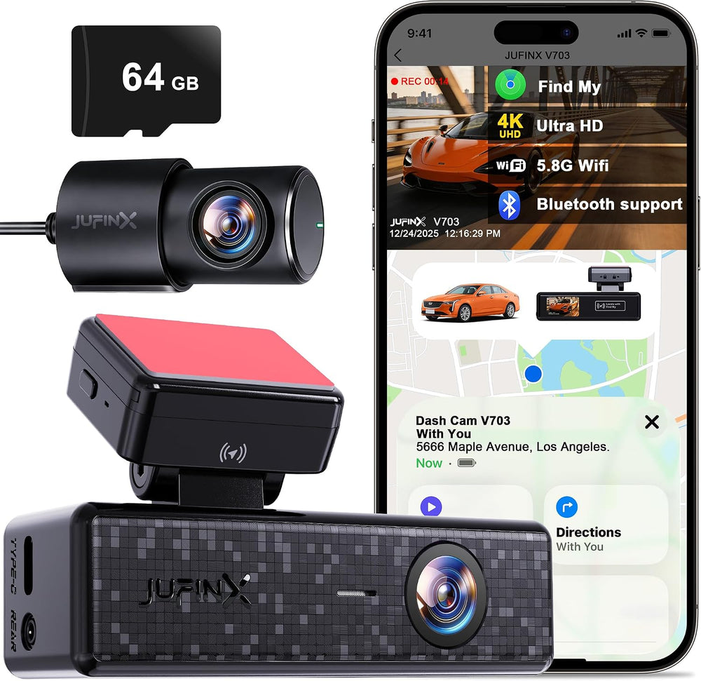 4K Dash Cam Front and Rear,64GB Card,with “Find My” Function, 5.8GHz WiFi