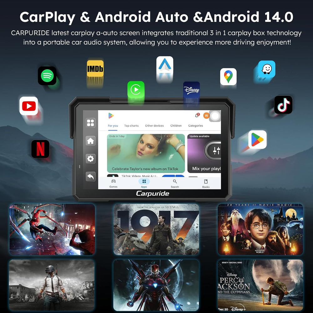 Carpuride W702 Plus 7" Motorcycle CarPlay Android Auto Android 14 Dash Cam