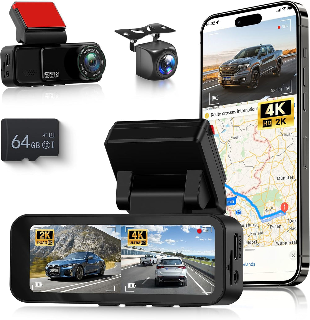 2 Channel Dash Cam 360° Front and Rear Inside, 4K Car Camera Recorder, 3.16 I...