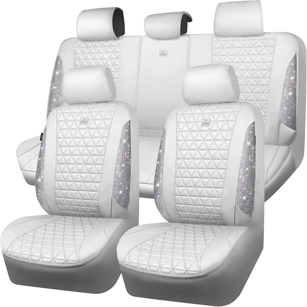 CAR PASS All White Bling Diamond Leather Car Seat Covers Full Sets,Waterproof...